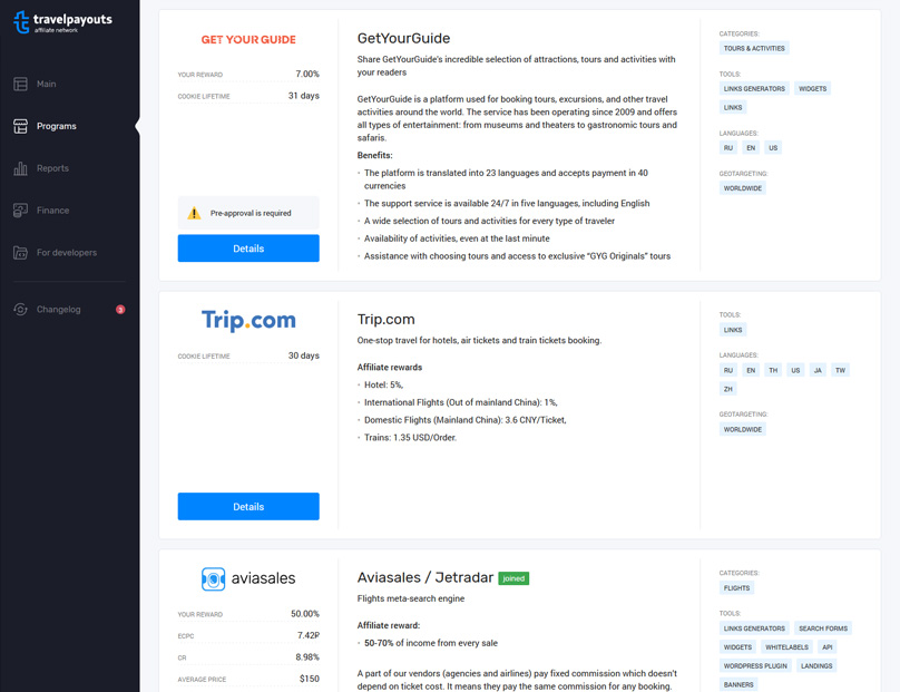 The Travel Payouts dashboard