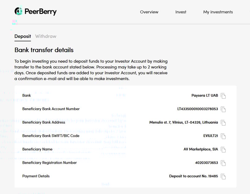 PeerBerry deposits page