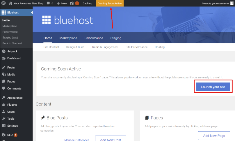 How to start a blog and go out of Bluehost coming soon mode